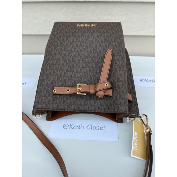 Michael Kors Bucket Bag Emilia Small Drawstring Crossbody MK Signature Brown - Picture 8 of 9